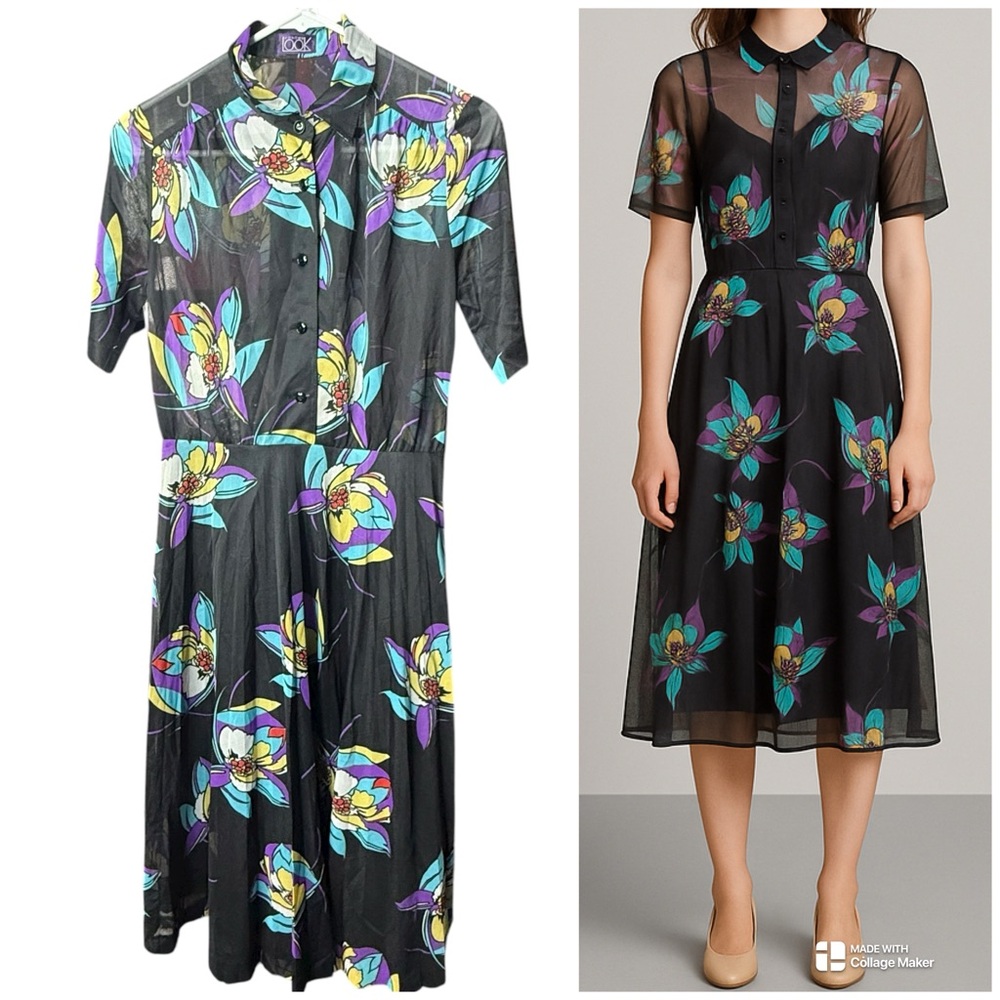 Renown Look Vintage Black Sheer‎ Floral Shirt Midi Dress